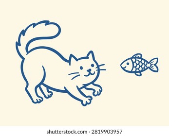 This charming blue line art sketch features a happy playful cat stretching its body on the ground while looking curiously at a small cute fish.
