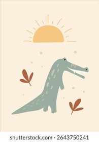 This charming boho crocodile wall art adds a whimsical touch to any child's nursery. The playful design features a friendly crocodile, warm sun, and colorful leaves, creating a serene atmosphere.