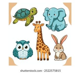 This charming cartoon animals set features delightful illustrations of a turtle, giraffe, owl, and elephant, perfect for celebrating the spirit of World Animal Day