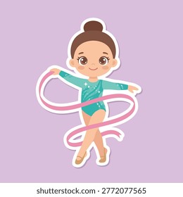 This charming cartoon girl is actively performing rhythmic gymnastics, gracefully manipulating a pink ribbon. She embodies youthful athleticism and artistic movement.