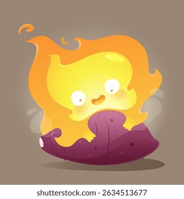 This charming cartoon illustration features a friendly fire spirit bringing a gentle burn to a Japanese sweet potato. A cozy friendship makes this a delightful treat.