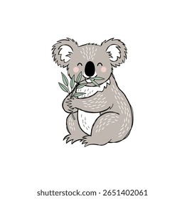 This charming cartoon illustration features a cute koala holding a eucalyptus leaf, showcasing the cute nature of wildlife in a playful design. Perfect for kids' materials.