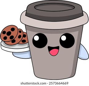 This charming cartoon mascot features a smiling coffee cup with big eyes, holding a plate of chocolate chip cookies