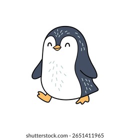 This charming cartoon penguin joyfully walks with a cheerful expression, showcasing its adorable character. Perfect for children’s design and winter-themed projects.