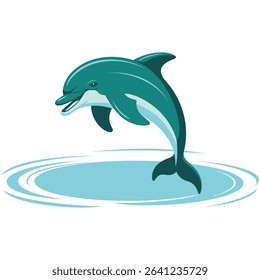 This charming cartoon-style illustration captures a dolphin mid-leap as it splashes out of the water. Rendered in vibrant teal and white, the dolphin's curved body and friendly expression highlight it
