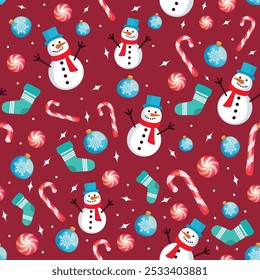 This charming Christmas pattern features a playful mix of holiday elements, including candy canes, a cute snowman, and cyan Christmas tree decorations. Designed in a flat style with a vibrant red back