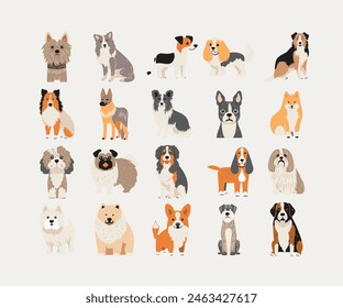 This charming collection of dog illustrations showcases various breeds in a playful, cartoon style, ideal for educational materials, pet-related websites, or children's content.