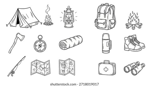 Esta encantadora colección de ilustraciones de contorno dibujadas a mano representa equipo y Elementos esenciales para acampar, caminar y aventuras al aire libre, incluida una tienda de campaña, fogata, mochila y herramientas de navegación.