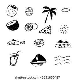 This charming collection of hand-drawn summer doodle icons features a variety of playful and minimalist illustrations, including coconuts, lemon slices, palm trees, clouds, sunshine, pizza, fish, a gl