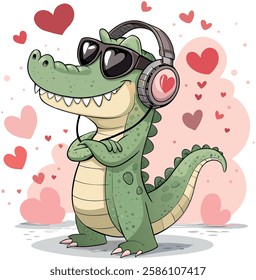 This charming crocodile illustration features a confident, cheerful character adorned with Valentine-themed floating hearts. 