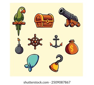 This charming “Pirates Cute Doodle Collection” features a delightful cartoon pirate icon set, showcasing an array of whimsical elements