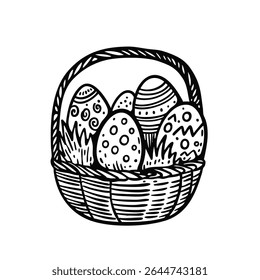 This is a charming and delightful illustration depicting a beautiful basket filled with colorful Easter eggs