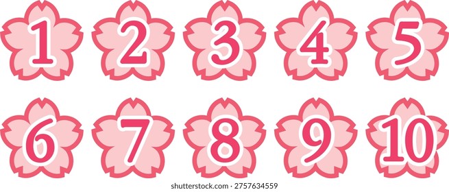 This charming design asset features cherry blossoms as a motif, with the numbers 1 through 10 arranged throughout. It is ideal for spring-themed or Japanese-style content, educational materials for children, infographics, and use as headings or labels. This set of number icons is simple, highly legible, and versatile enough to fit a wide range of design projects.