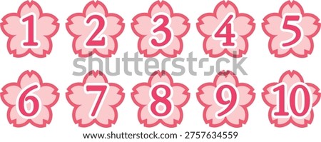 This charming design asset features cherry blossoms as a motif, with the numbers 1 through 10 arranged throughout. It is ideal for spring-themed or Japanese-style content, educational materials for children, infographics, and use as headings or labels. This set of number icons is simple, highly legible, and versatile enough to fit a wide range of design projects.