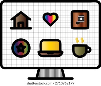 Esta encantadora ilustração de desktop captura a acolhedora essência de um espaço de trabalho criativo em um estilo limpo e moderno de linha plana com textura de grade sutil, perfeito para designers, freelancers, blogueiros ou qualquer um