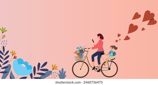 This charming digital illustration captures a moment of a mother riding a bike with her child and pet dog through a fairy-tale landscape filled with flowers.