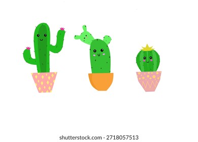 Este encantador digital o Ilustración vectorial cuenta con tres lindos cactus antropomórficos en ollas decorativas de colores sobre un fondo blanco. Cada cactus verde tiene una cara simple y sonriente con mejillas rosadas y espinas Pequeñas. El trío consiste en un cactus saguaro alto con flores rosadas, un cactus ramificado de pera espinosa y un cactus de barril redondo con flores amarillas. Las macetas presentan alegres patrones como diamantes y lunares en tonos de rosa, naranja y amarillo, creando una estética alegre y acogedora.