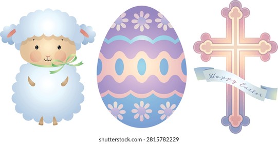 This charming Easter vector illustration features a cute baby lamb, a beautifully decorated pastel Easter egg, and a traditional cross with a 