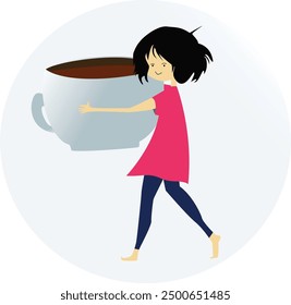 This charming flat cartoon illustration features a cute girl happily drinking from an oversized coffee mug.