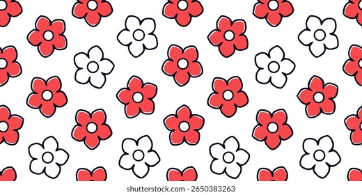 This charming floral pattern displays a repeating arrangement of stylized five-petal flowers. Some flowers are filled with a vibrant red, while others remain as simple outlines, all outlined in black.