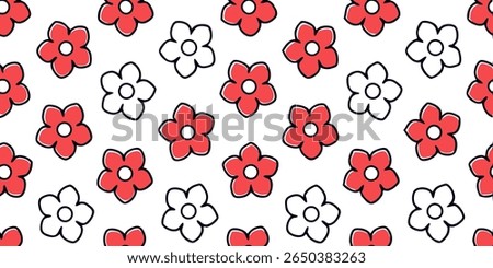 This charming floral pattern displays a repeating arrangement of stylized five-petal flowers. Some flowers are filled with a vibrant red, while others remain as simple outlines, all outlined in black.