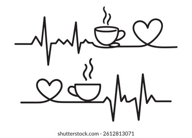 This charming graphic design features two parallel EKG lines (heart rate monitoring) that each have a steaming coffee cup and a heart above or below.