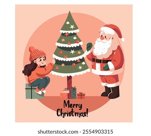 This charming hand-drawn illustration captures the festive spirit of Christmas, featuring Santa Claus and a young girl joyfully decorating a Christmas tree