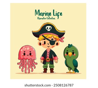 This charming hand-drawn sea characters collection features whimsical marine life adorned with a playful pirate hat, alongside a vibrant green jellyfish