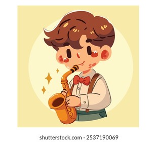 Esta encantadora ilustração de vetor desenhada à mão apresenta um menino de desenho animado alegremente tocando saxofone, capturando a essência do entusiasmo musical e da criatividade