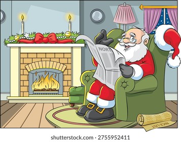 This charming holiday illustration captures a peaceful and heartwarming moment featuring Santa Claus enjoying a quiet evening indoors. Seated comfortably in a plush green armchair, Santa is dressed in his classic red suit with white fur trim and his signature hat, embodying the timeless spirit of Christmas. He is deeply engaged in reading the “North Pole News,” while carefully reviewing his well-known Nice List, adding a storytelling element that evokes anticipation, joy, and festive magic.

The cozy interior setting enhances the warmth of the scene, with a glowing fireplace casting soft light across the room. Decorative candles add a gentle ambiance, while subtle seasonal elements contribute to a comforting winter atmosphere. Through the window, a serene snowy landscape can be seen, reinforcing the seasonal charm and tranquil mood associated with the holiday season. The overall composition blends tradition, relaxation, and festive storytelling in a visually appealing way.

This illustration is ideal for use in Christmas-themed projects such as greeting cards, digital banners, seasonal advertisements, storybooks, mobile games, and social media content. Its inviting and nostalgic style makes it suitable for both commercial and personal creative use. The detailed artwork, soft lighting, and expressive character design help convey warmth, kindness, and the joyful anticipation that surrounds this special time of year.

Perfect for designers, marketers, and content creators looking to communicate festive cheer, this artwork reflects the essence of holiday relaxation and imagination. It brings together storytelling, comfort, and visual appeal in a single frame.