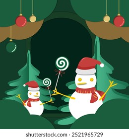 This charming holiday scene features two snowmen, adorned with Santa hats and scarves, joyfully holding candy lollipops. They stand among green Christmas trees, with hanging ornaments above them, 