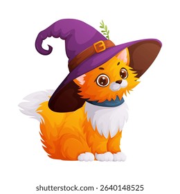 This is a charming illustration of a cartoon fox cub wearing a purple witchs hat, perfect for Halloween themes. Its a cute and whimsical image.
