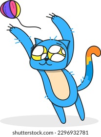 This charming illustration depicts a blue cat jumping with excitement and joy, bringing a sense of playful energy and happiness.
