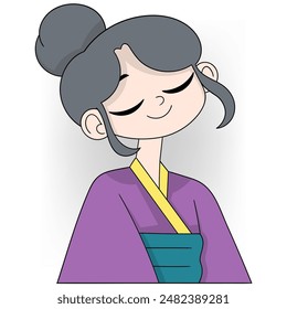 This charming illustration depicts a friendly Japanese woman with a gentle smile, wearing traditional attire in purple and teal.