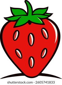 This charming illustration features a bright, stylized strawberry with a smooth, glossy finish. The strawberry is a vibrant red, with a distinct heart-shaped design, and is dotted with small