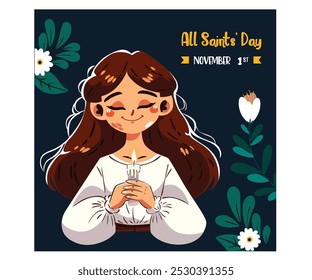 This charming illustration features a cartoon girl holding a candle, symbolizing remembrance and reflection during All Saints Day