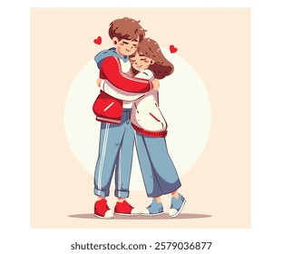 This charming illustration features a cartoon couple embracing in cozy outfits, perfectly capturing the warmth and affection of love