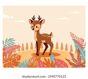 This charming illustration features a cartoon deer, specifically a fawn, gracefully standing amidst a vibrant forest setting