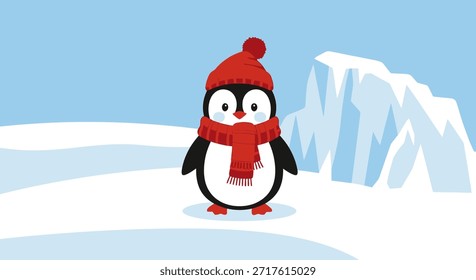 Esta encantadora ilustración presenta un pingüino de dibujos animados con un sombrero y una bufanda rojos, sobre un fondo de un paisaje nevado con un iceberg. Capta perfectamente la esencia del invierno, haciéndolo