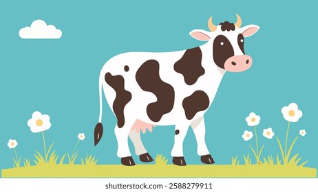 This charming illustration features a cartoon-style cow standing on grass with flowers around it. The cow has a white body with black spots, pink udders, and a pink nose.