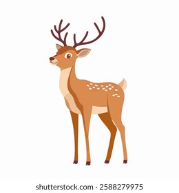 This charming illustration features a cartoon-style deer standing on all four legs and facing slightly to the left. The deer has a light brown body with white spots on its back, a white underbelly.