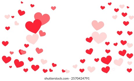 This charming illustration features a collection of red and pink heart shapes of varying sizes scattered across a white background. 