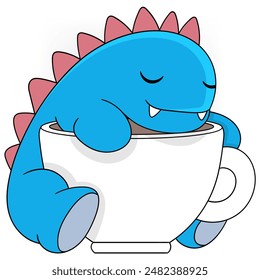 This charming illustration features a cute blue dinosaur peacefully resting inside a giant coffee cup, with a content smile on its face.