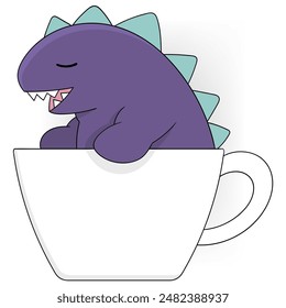 This charming illustration features a cute purple dinosaur resting peacefully inside a large coffee cup, with a calm and content expression.