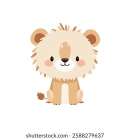 This charming illustration features a cute cartoon-style lion sitting down with a friendly expression. The lion has a fluffy mane, round ears, and a small tuft of fur at the end of its tail.