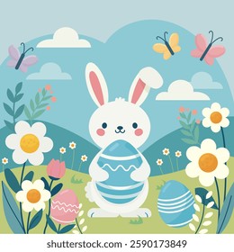 This charming illustration features a cute white Easter bunny with pink cheeks and long ears, holding a large blue Easter egg with decorative white stripes and waves. 