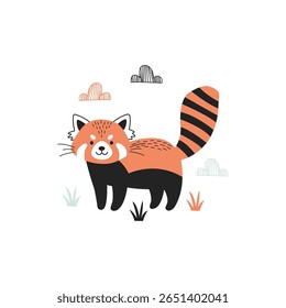 Esta ilustração encantadora apresenta um panda vermelho bonito com uma personalidade vibrante, rodeado por nuvens coloridas e grama exuberante, perfeito para a arte infantil.