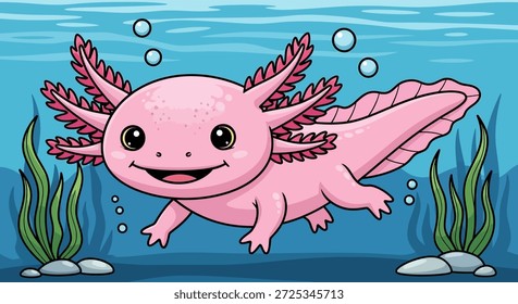 Esta encantadora ilustración presenta un lindo axolotl rosa nadando elegantemente bajo el agua. Las burbujas se elevan a su alrededor, realzando la atmósfera caprichosa y lúdica. La expresión alegre del axolotl y