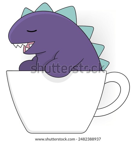 This charming illustration features a cute purple dinosaur resting peacefully inside a large coffee cup, with a calm and content expression.
