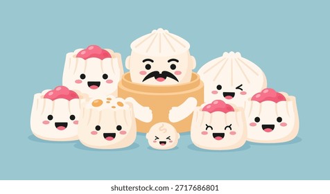 Esta encantadora ilustración presenta una encantadora familia de personajes dim sum. Estas bonitas y kawaii albóndigas asiáticas, cada una con expresiones faciales únicas, están dispuestas contra un azul suave